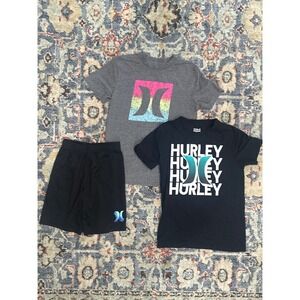 Hurley 3pc Shirt Shorts Set Boys 7/8 Black Grey Graphic Logo EUC